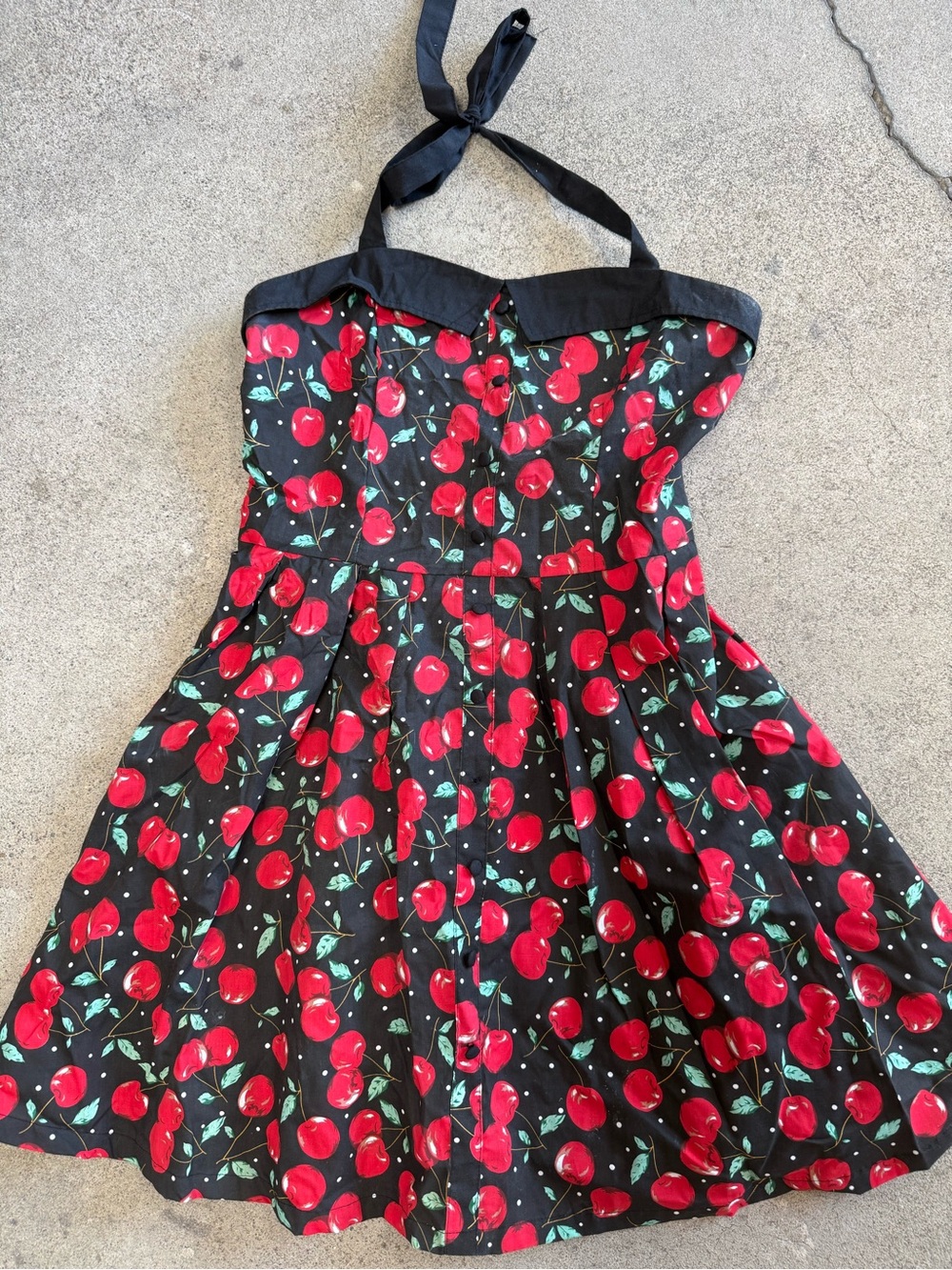 Cherry Print Halter Swing Dress - Black & Red